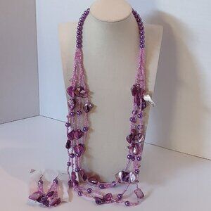 Vintage Bohemian Purple & Lilac Dyed Shell Glass Necklace Earrings Set